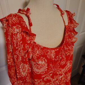 Ella Moss Raspberry Pink Floral Open Shoulder Ruffled Pleated Tunic Blouse Top